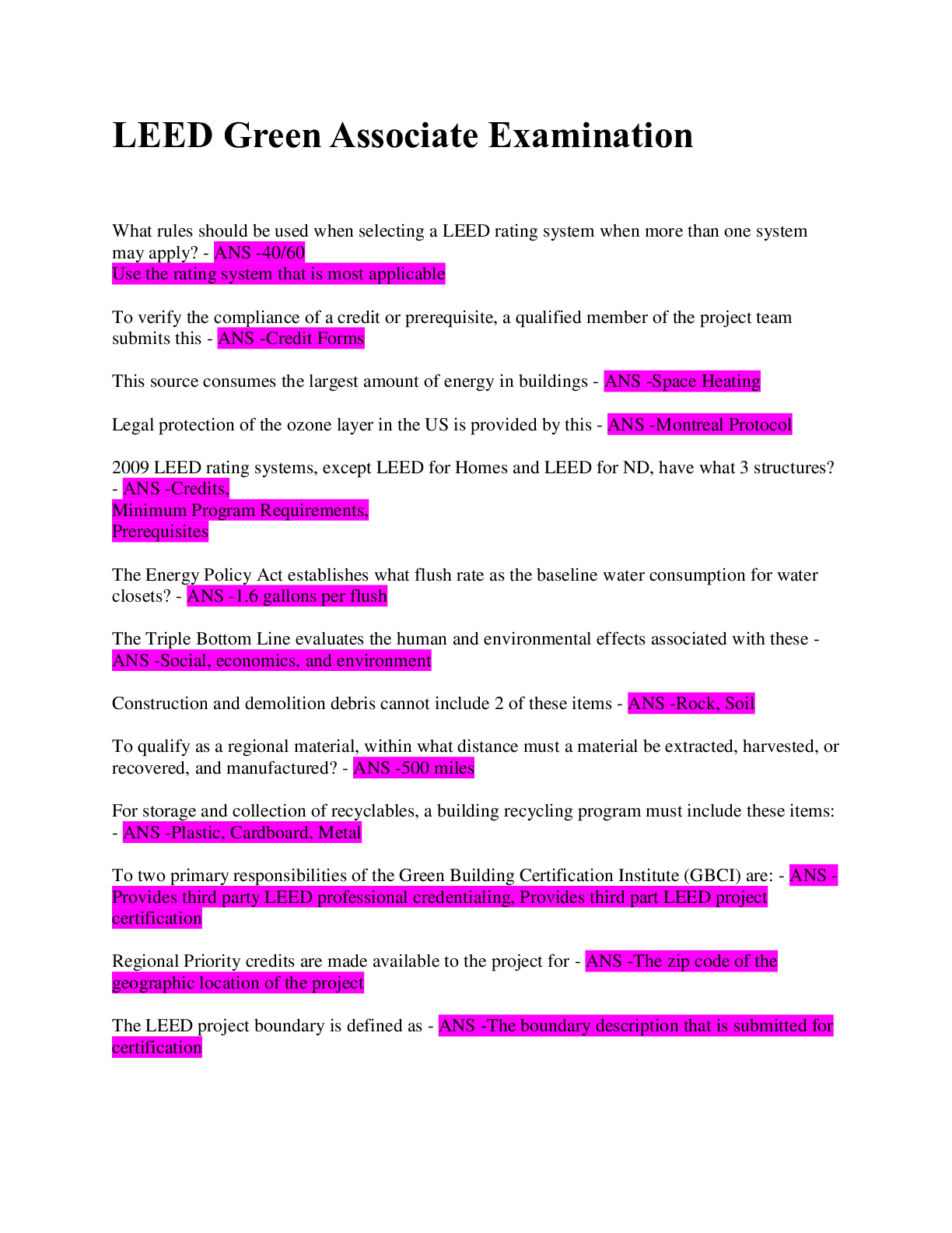 Preview image of LEED Green Associate Examination / Accurate Answers document